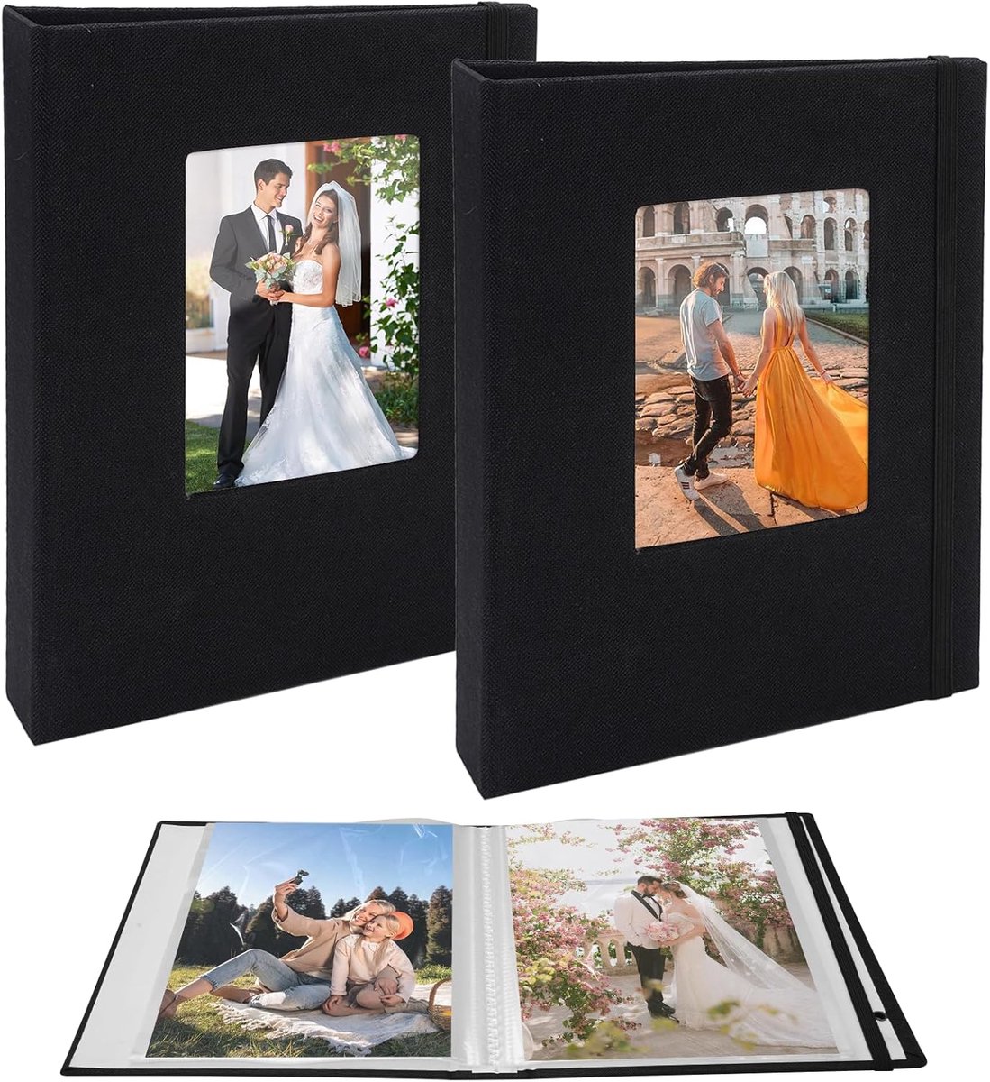 SnelShoppen - Mini-fotoalbum van linnen 13 x 18 cm - 2 verpakkingen met 26 zwarte pagina's - 52 foto's in hoesjes - Perfect voor Valentijnsdag