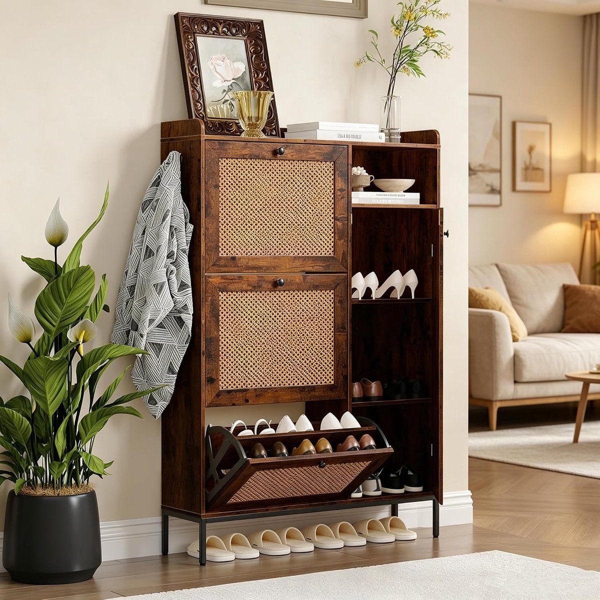 Schoenkast met 3 uitklapbare lades - Vrijstaande schoenenrek - Schoenkast met 4 niveaus - Verstelbare plank en rieten deuren - Smalle schoenkast voor de hal, kast of gang - 132×90×24 cm - Bruin