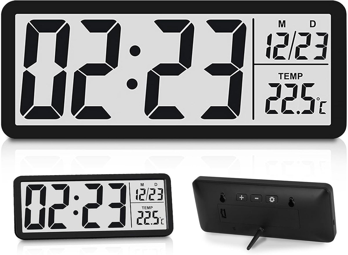 SnelShoppen - Digitale Wandklok met Grote Cijfers, Temperatuur en Datum, LCD-display, Batterij Aangedreven, Voor Woonkamer, Slaapkamer en Kantoor, 12/