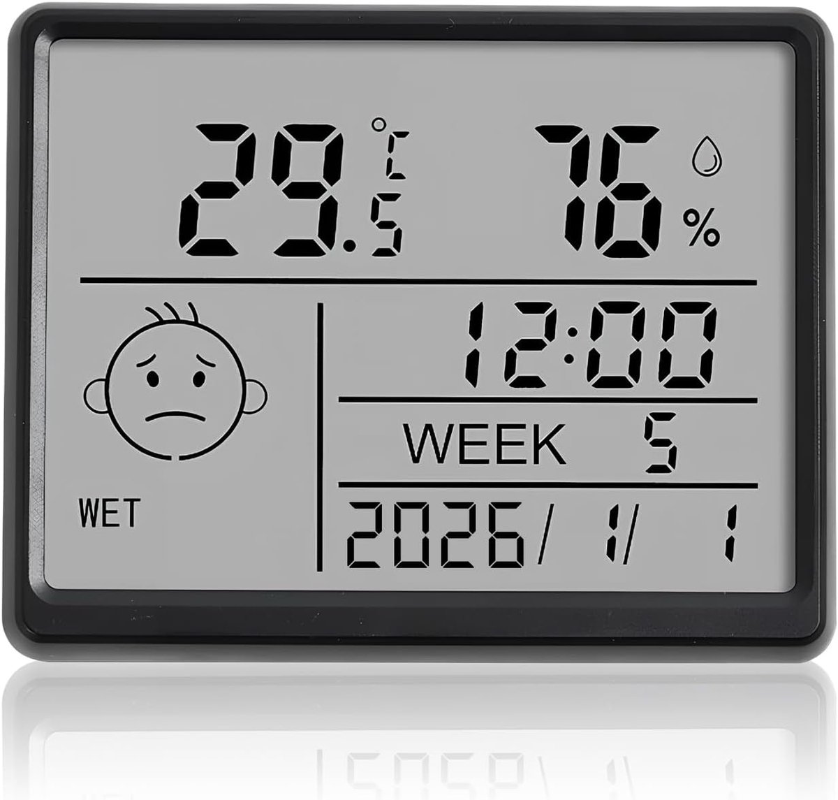 SnelShoppen - Digitale wekker met klein LCD-display, temperatuur, luchtvochtigheid, datum, weekdag, 12/24 uur & °C/°F, magnetisch, op batterijen, tafe