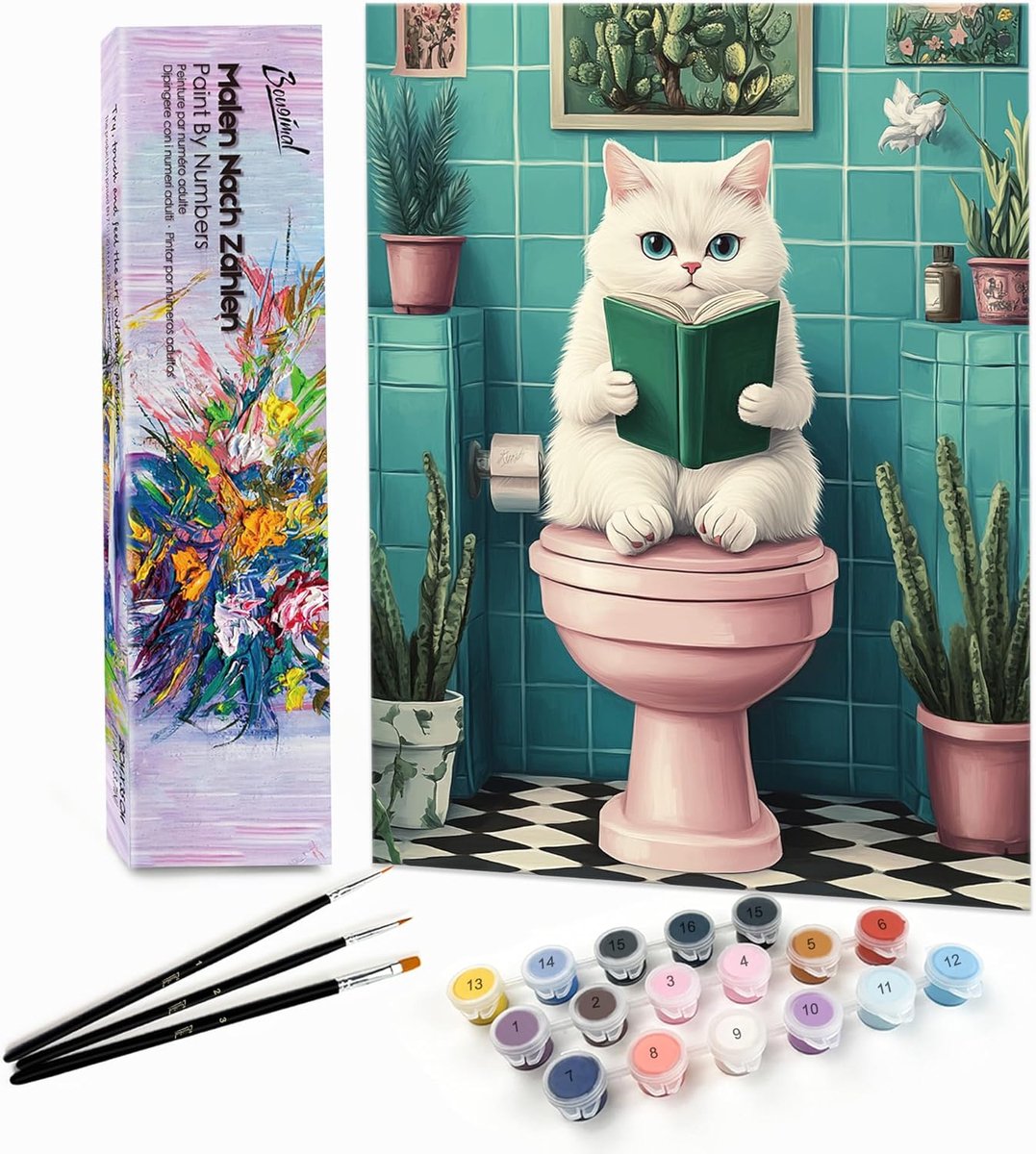 SnelShoppen - Schilderen op Nummer Volwassen Dieren Set - Schilderpakket met Penselen en Acrylpigment - Kat met Boek - Zonder Lijst - 28 x 35 cm - Cre