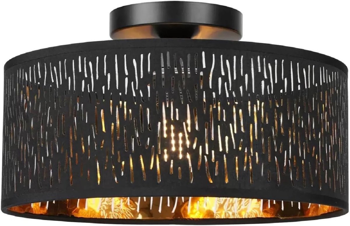 SnelShoppen - Moderne zwarte plafondlamp Ø 30 cm, opengewerkt, E27 vlam, stoffen lampenkap voor slaapkamer, woonkamer, keuken, hal, trendy verlichting