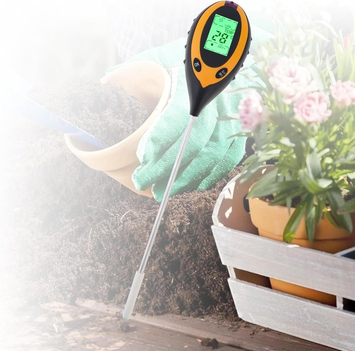SnelShoppen - 4 in 1 Bodemmeter voor Planten - Vocht, PH, Licht en Temperatuur Meter - Digitale Tuin- en Boerderij Tester met 9V Batterij