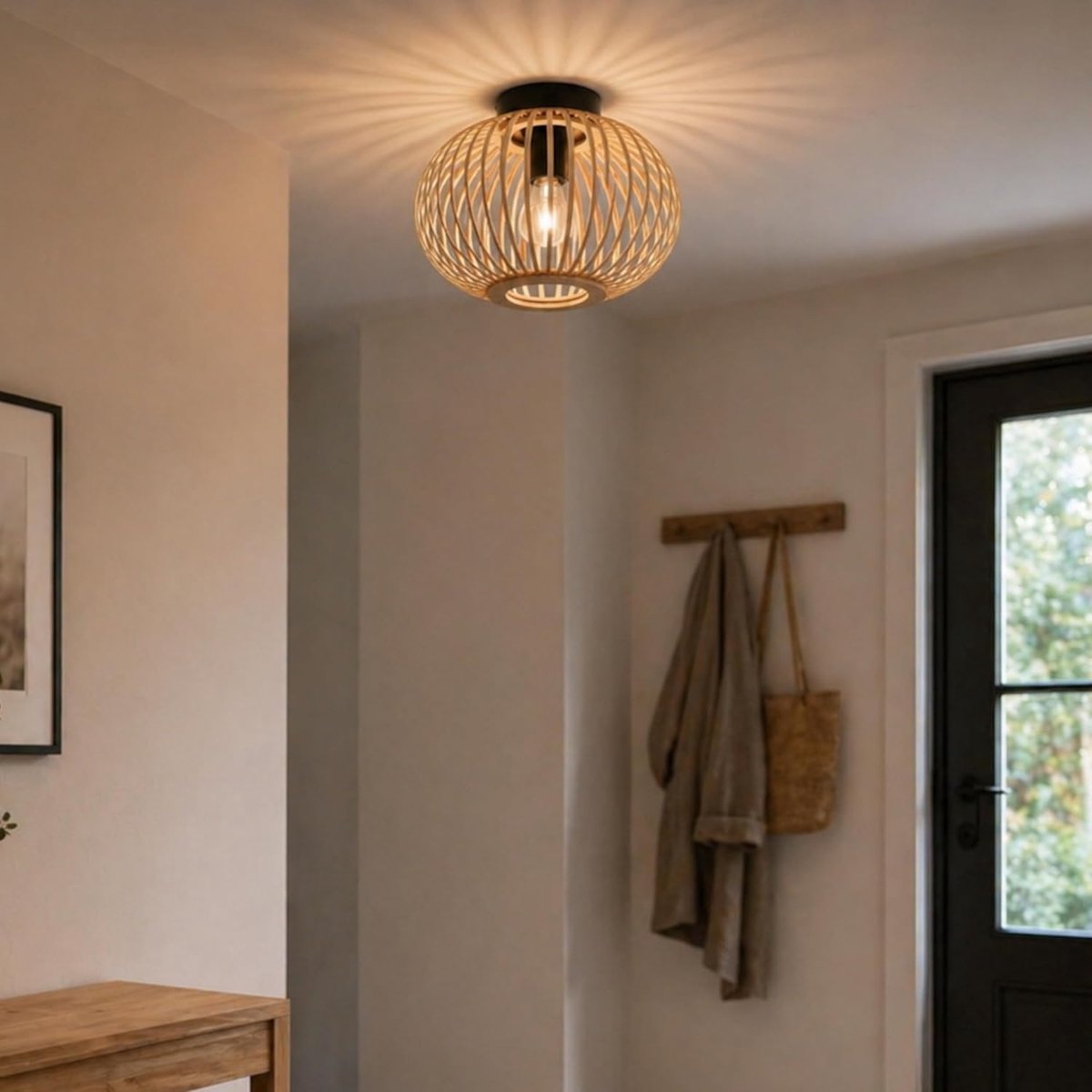 SnelShoppen - LIGHTBOX Deckenlampe met Bamboe Gitter - Dimbare Plafondlamp Ø 30 cm voor Woonkamer, Slaapkamer & Hal - Natuurlijke Bamboe Design Lamp