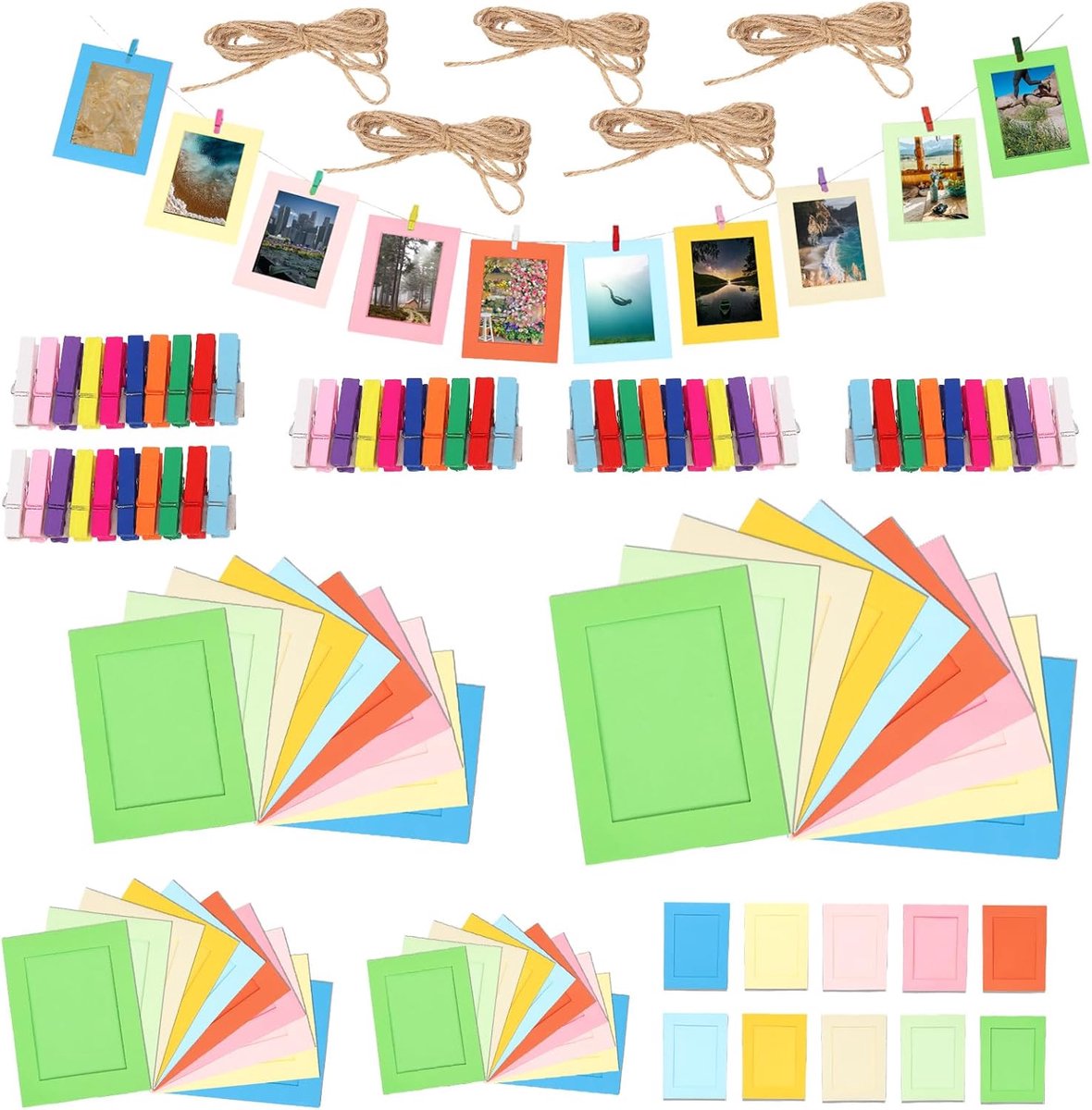 SnelShoppen - 105 stuks Kleurrijke Papieren Fotolijsten Set - Hangende Fotolijsten 3/4/5/6/7 Inch - Inclusief 50 Clips en 5 Snaren - Perfect voor Fees
