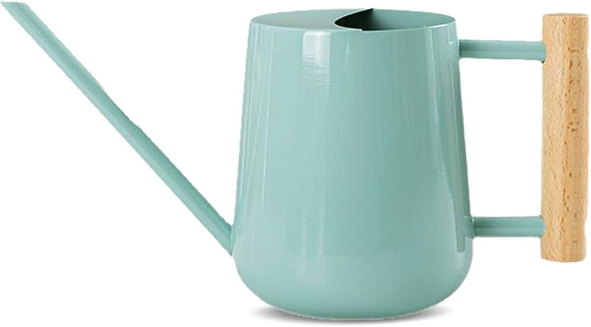 SnelShoppen - 1L Gieter Roestvrij Staal Mini met Lange Tuit en Houten Handvat - 1000ml Blauw voor Kamerplanten, Bonsai en Tuin Bloemen