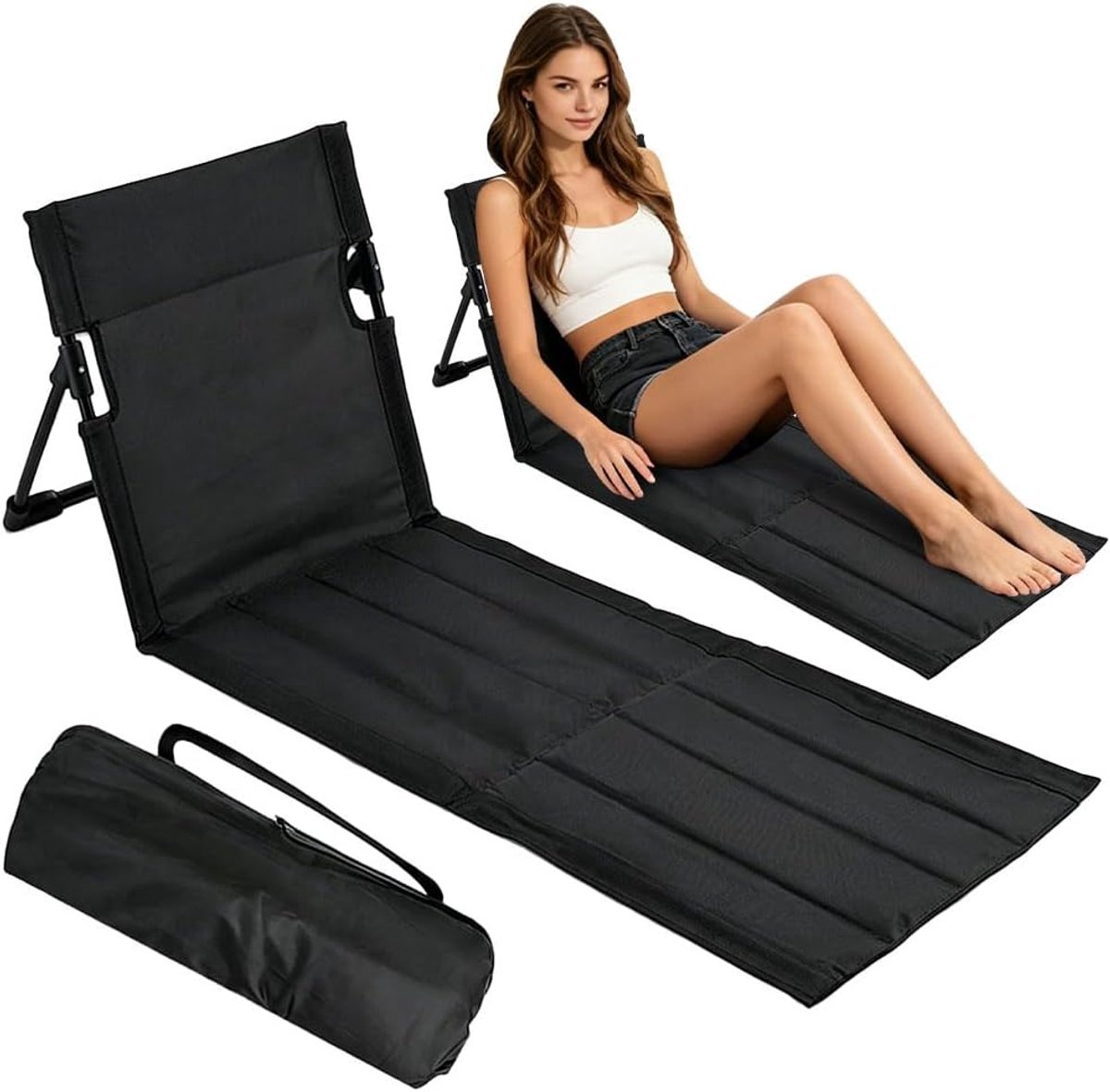 SnelShoppen - Strandmat met Rugleuning, Inklapbare Strandstoel, Opvouwbaar en Licht, Gevoerd Zitkussen van 600D Oxford, Ideaal voor Strand, Picknick,