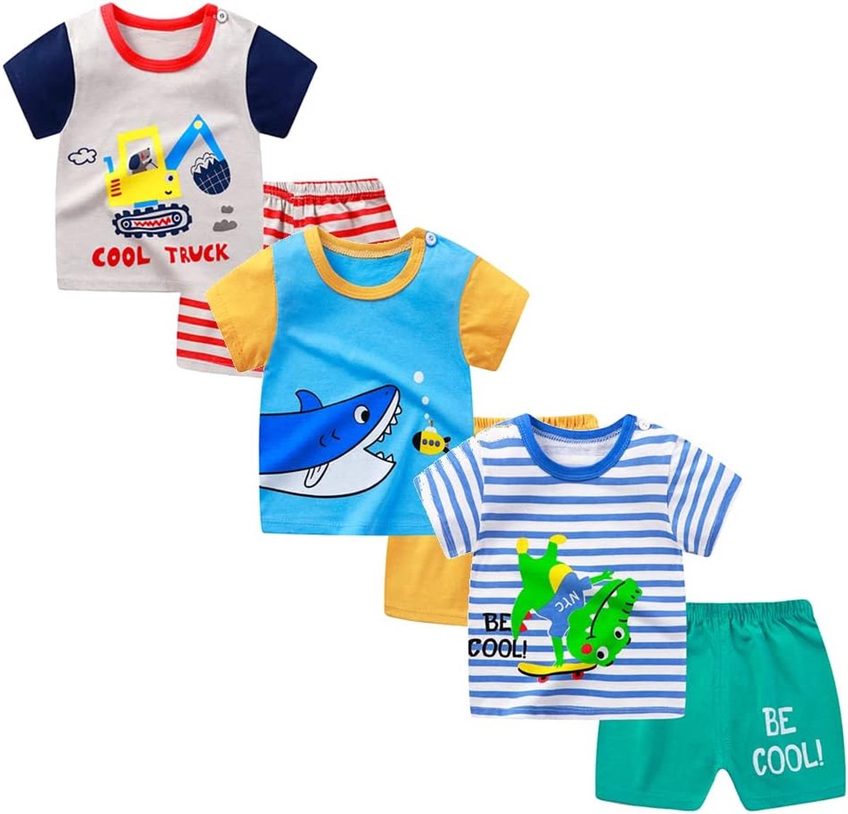 SnelShoppen - Baby meisjes set van 3 korte mouwen T-shirts en shorts, 6-delige verpakking, schoudergesp optie, ideaal voor zomer, speelse outfits, com