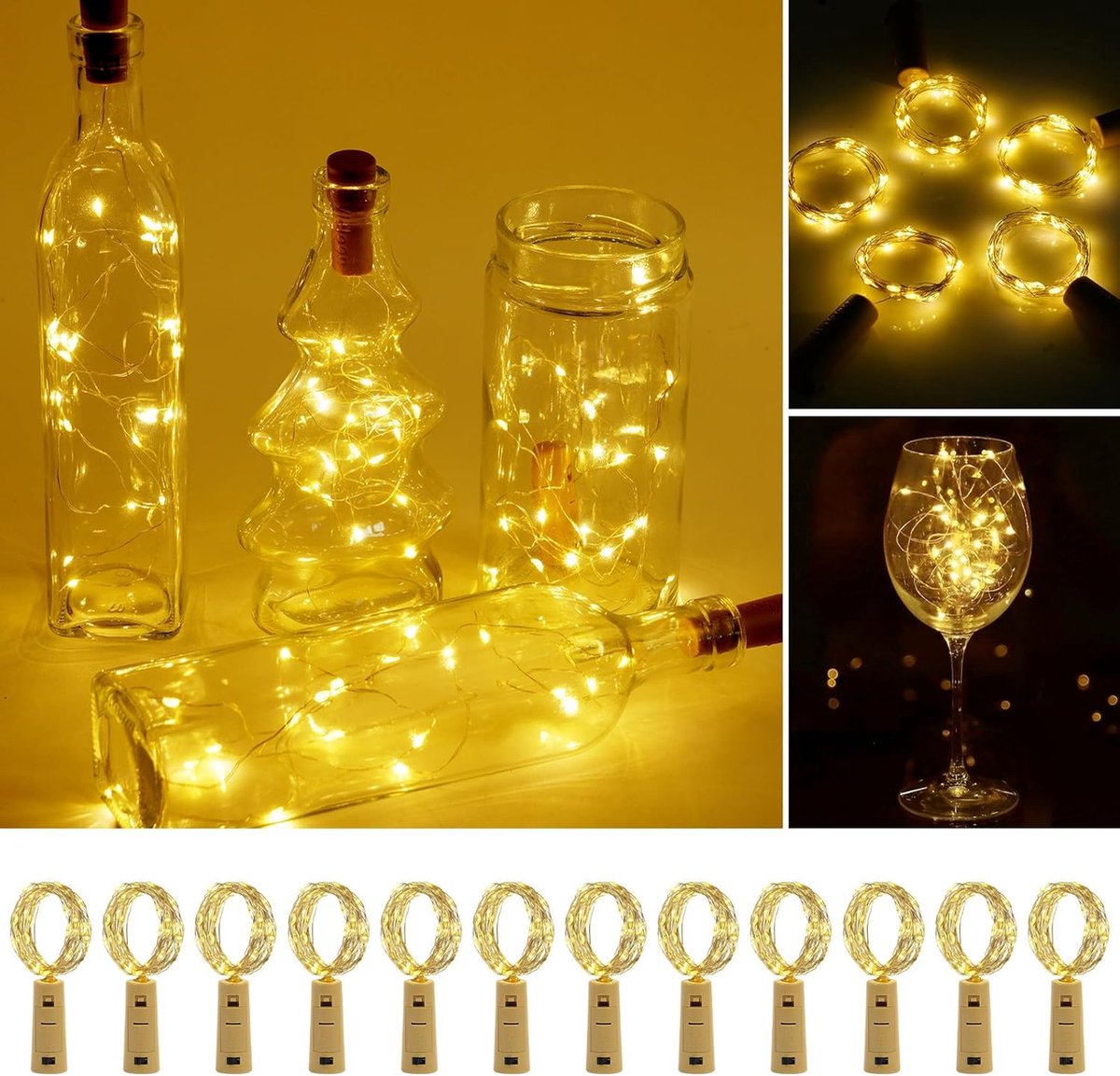 SnelShoppen - Wijnflesverlichting LED Kurk, 12 Stuks Warmwitte Flessenverlichting 2m met 20 LED's voor Feest, Bruiloft, Kerstmis, Tuin, Binnendecorati