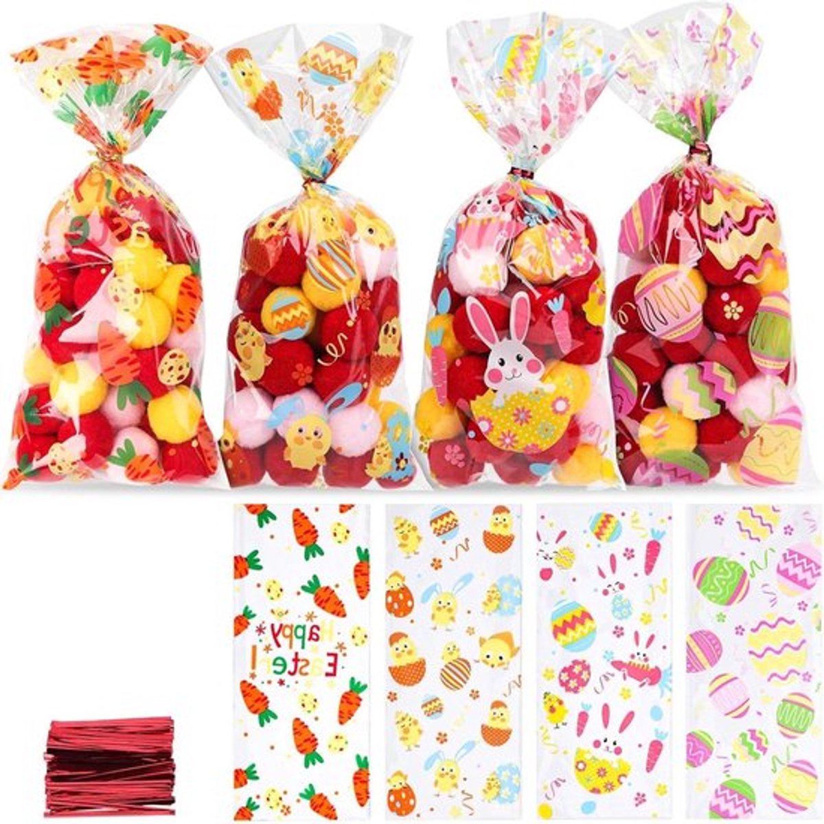 Doorzichtige Paascellozakjes, 100 Stuks, met Twist Ties - Leuke Cadeauzakjes voor Goodies, Koekjes, Snoep en Snacks