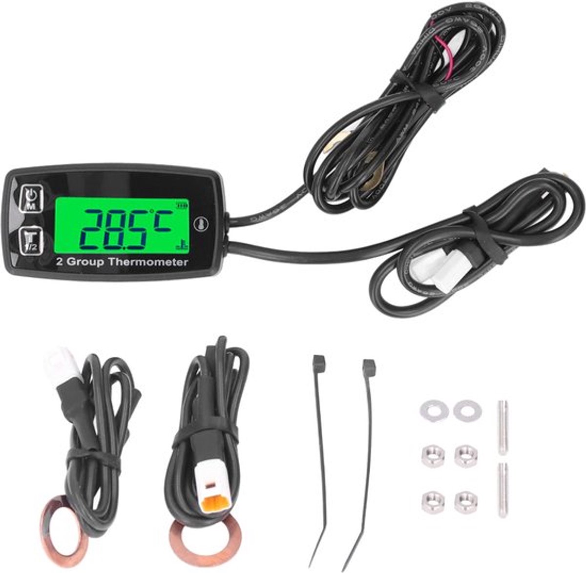 Motortemperatuurmeter, Dual Channel LCD Thermometer Digitaal Display Motor Temperatuurmeter IP67 Waterdichte Groene Backlight Thermometer voor Motorfiets Boot ATV Sneeuwscooter