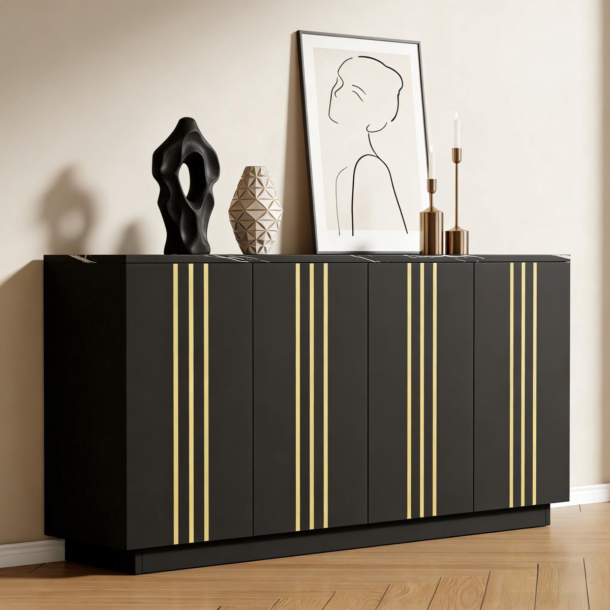 Wishdor - Dressoir - 4 deuren en verstelbare vakindeling - modern design - woonkamer hal of slaapkamer - bewerkt hout - zwart goud - 140 x 35 x 70 cm