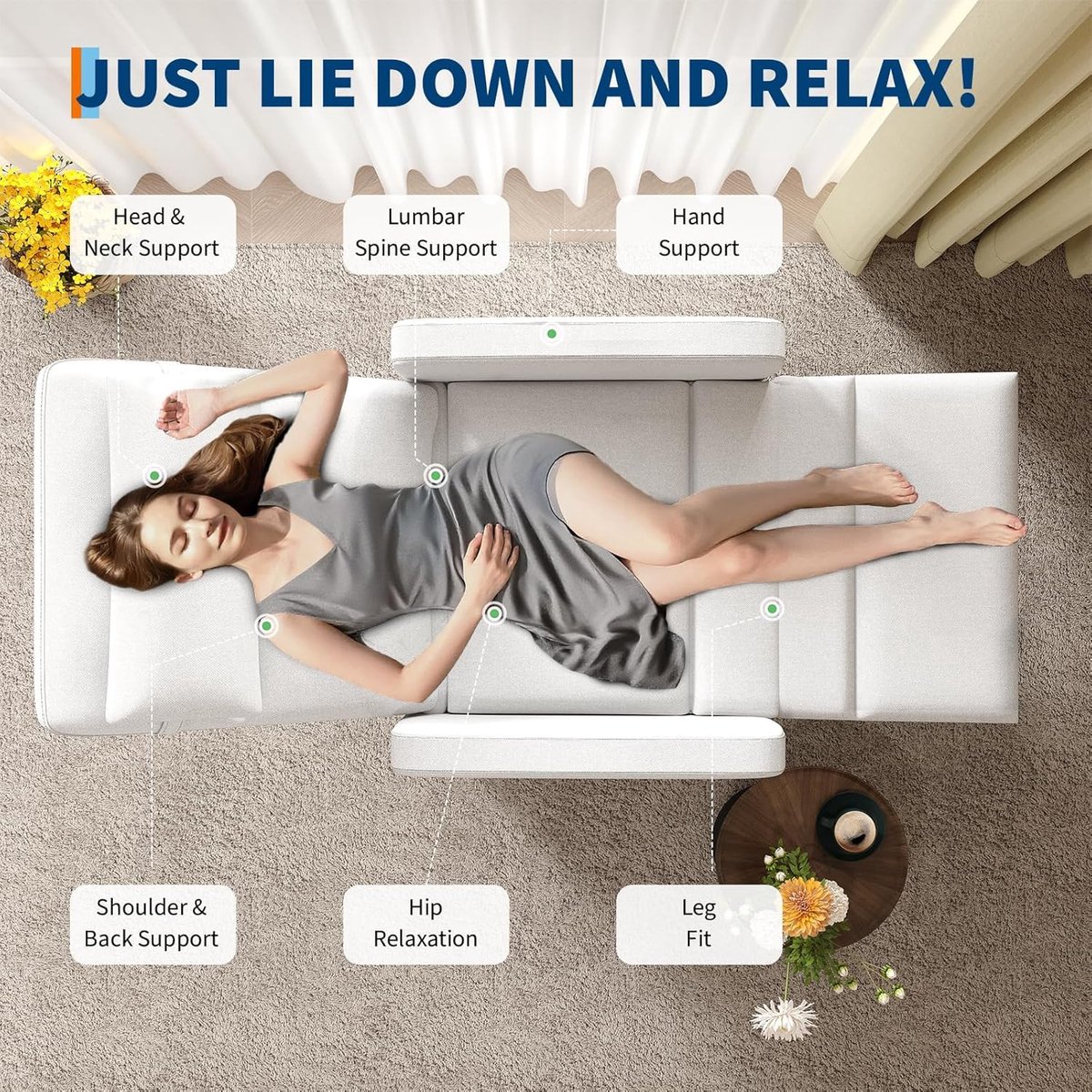 Elektrische Relaxstoel met Massage en Verwarming - Verstelbare TV-stoel (105-165°) - Linnen Look - Max. 180 kg - Inclusief Afstandsbediening & Geheugenfunctie - wit – foto 5