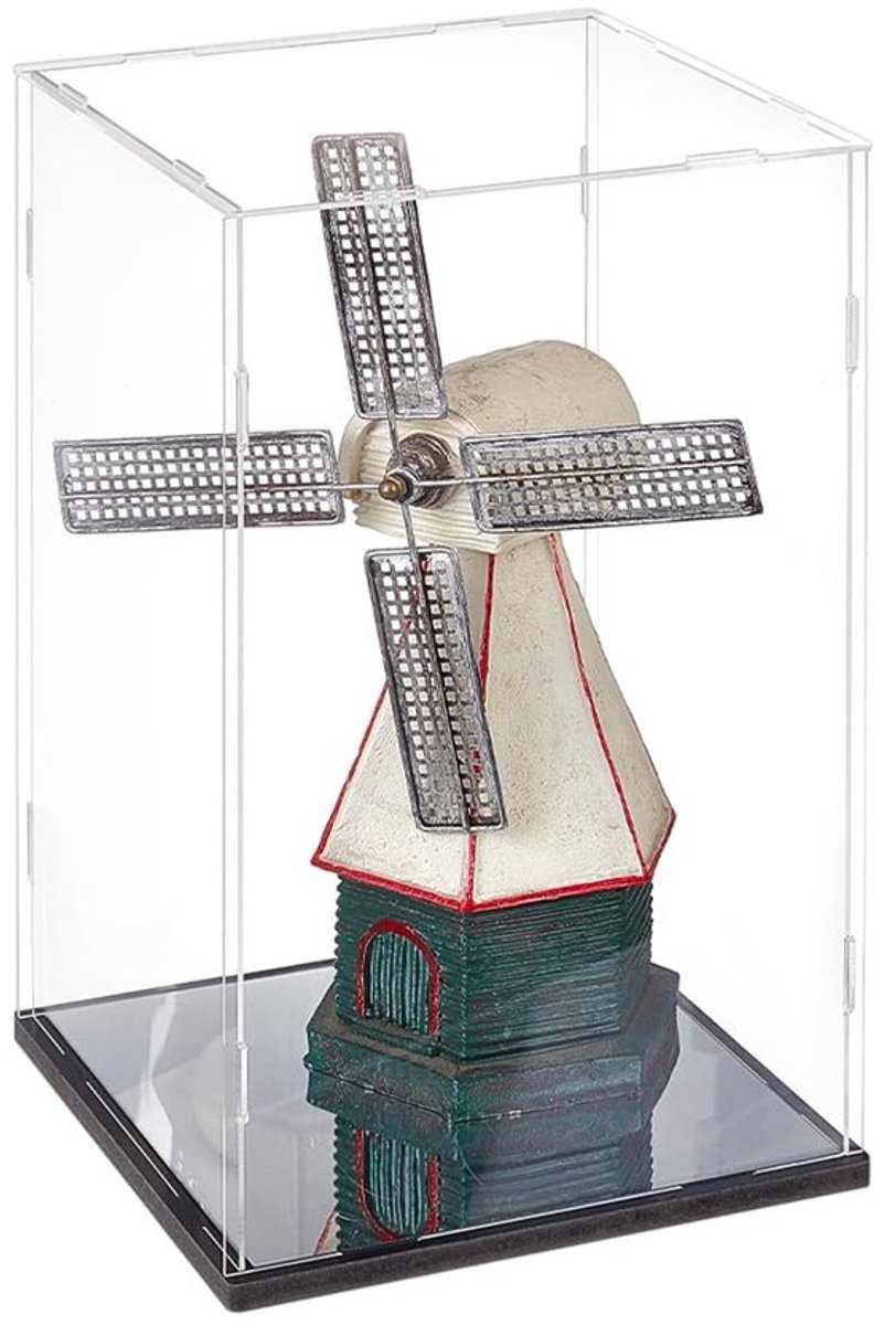Transparante vitrine met spiegel, 21,5 x 21,5 x 35,7 cm, acryl vitrine met zwarte voet, beschermende vitrine om te monteren voor verzamelaarsmodellen