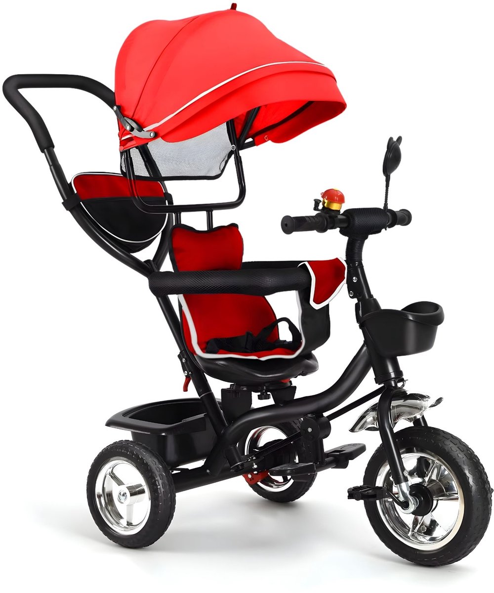 Driewieler Kinderfiets - Verstelbaar met Duwstang en Opbergmand - voor baby's en kinderen 1-5 jaar - Rood - Zwart