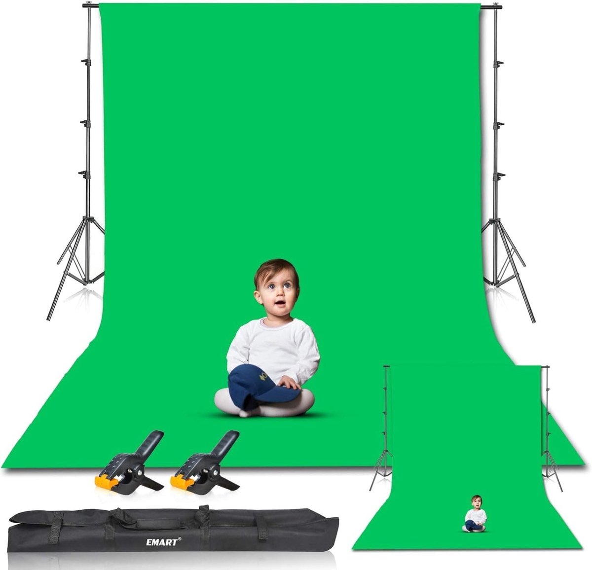 SnelShoppen - Groen Scherm Achtergrond met Standaard 2,6x3m - Green Screen Fotostudio Set voor Product, Portret & YouTube Video's met 2 Veerklemmen