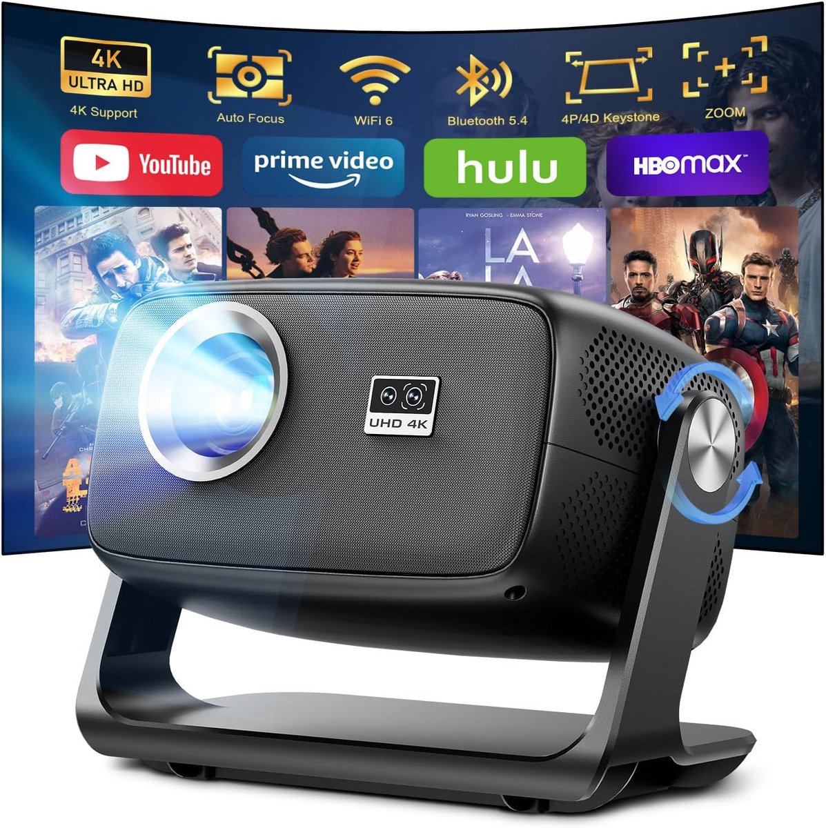 SnelShoppen - 4K Beamer 30000 Lumen, Native 1080p, Android 14.0 Smart Beamer met Automatische Scherpstelling, Trapeziumcorrectie, Wi-Fi 6, Bluetooth 5
