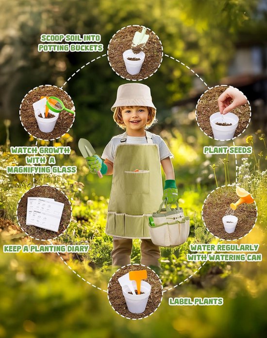 Kindertuin set - 9-delige Tuinspeelgoedset met Opbergtas, Gieter, Handschoenen en Hoed — afbeelding 3