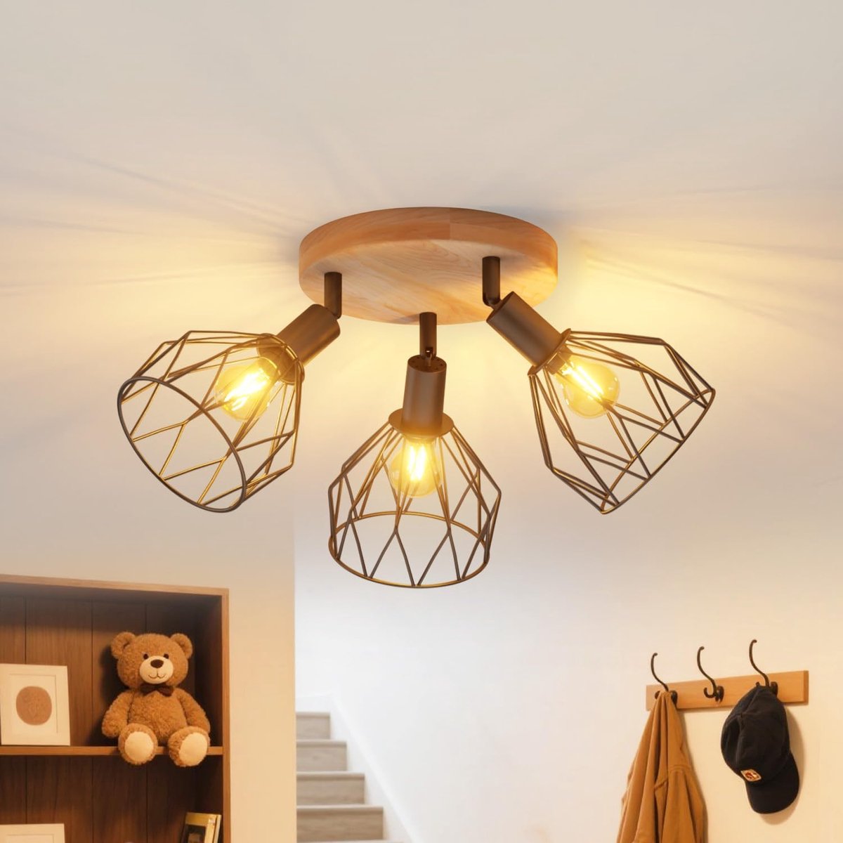 SnelShoppen - Plafondlamp met 3 Spots, LED E14, Zwart Houten Basis, Wandlamp voor Slaapkamer en Kroonluchter voor Woonkamer, Moderne Binnenverlichting