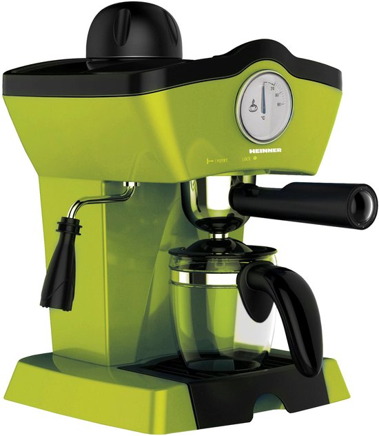 Groene Heinner espressomachine met zwarte accenten, glazen kan en ingebouwde thermometer.