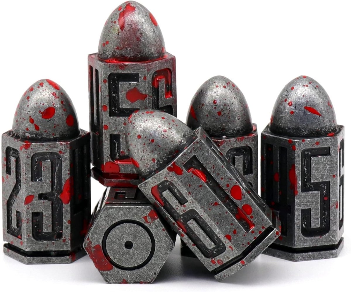 SnelShoppen - Kogel Metalen Dobbelstenen Set DND D6 Dobbelstenen 6Pcs - Polyhedral Bullet Dice Altsilber met Bloedspatten voor D&D en Bordspellen