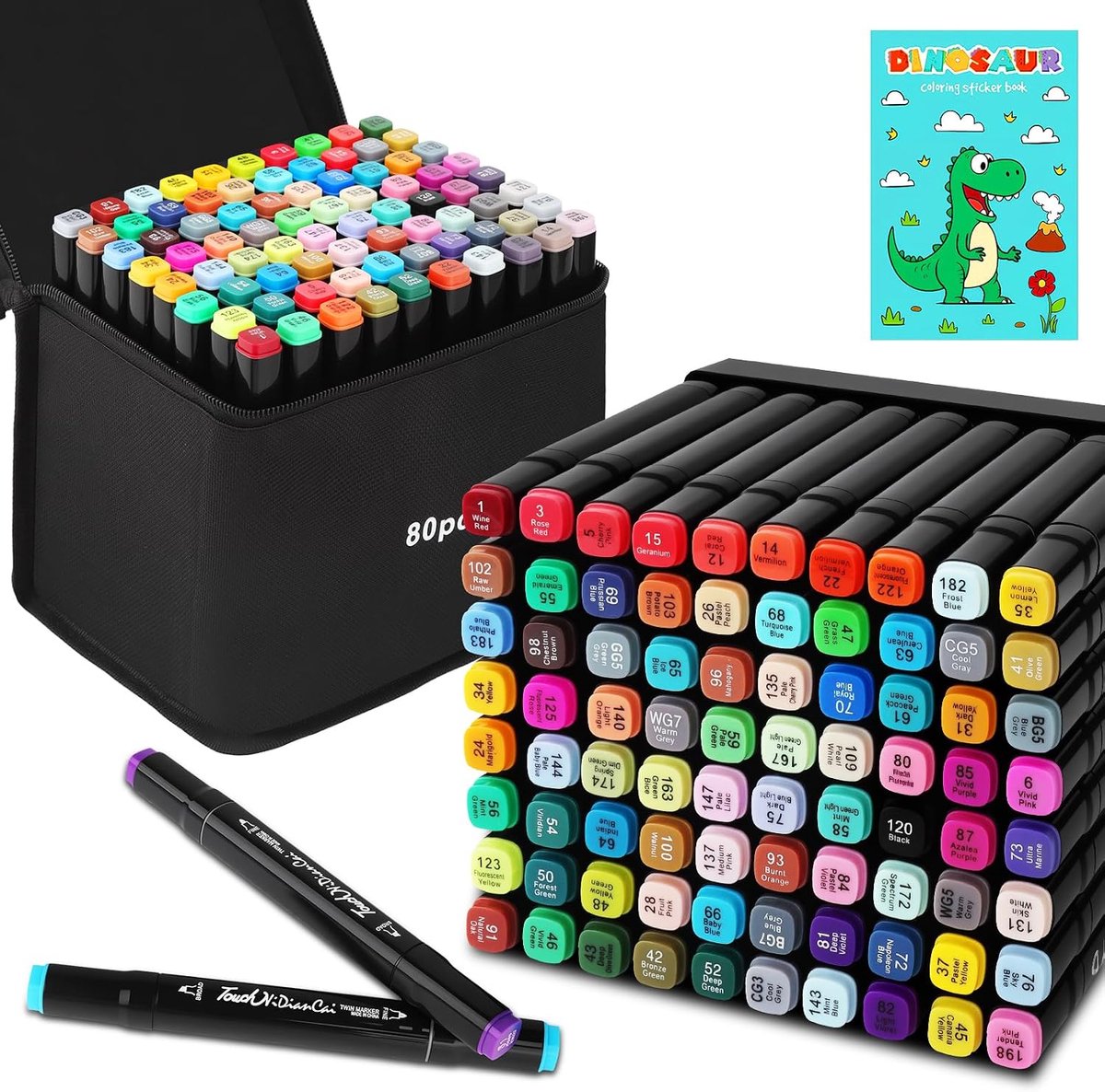 SnelShoppen - 80 Kleuren Markeerstiftenset Viltstiften, Dubbelzijdige Alcoholstiften, Sneldrogend, Voor Schilderen, Tekenen, Ontwerpen, Manga, Met Dra