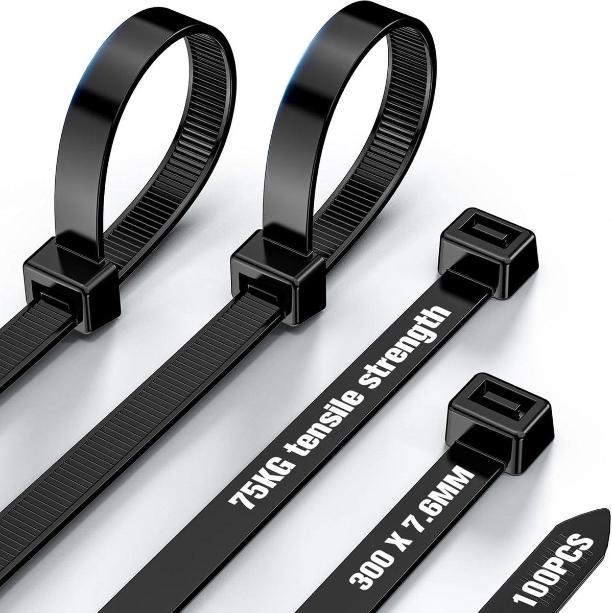 SnelShoppen - Kabelbinders Zwart Hersluitbaar 300 mm x 7,6 mm, UV-bestendig en Hittebestendig, Ultrasterke Ritssluitingen, 100 Stuks voor Kabelbeheer,
