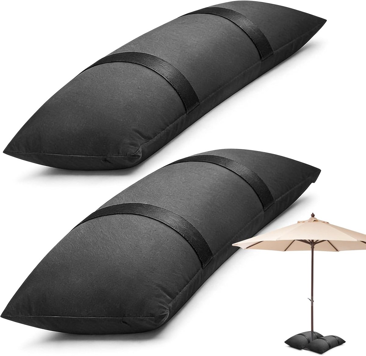 SnelShoppen - Zandzakken om te verzwaren, set van 2, vulbare zandzak 73 x 29 cm, 20 kg voor parasol, trampoline, tuinmeubelen, zwart, waterafstotend,