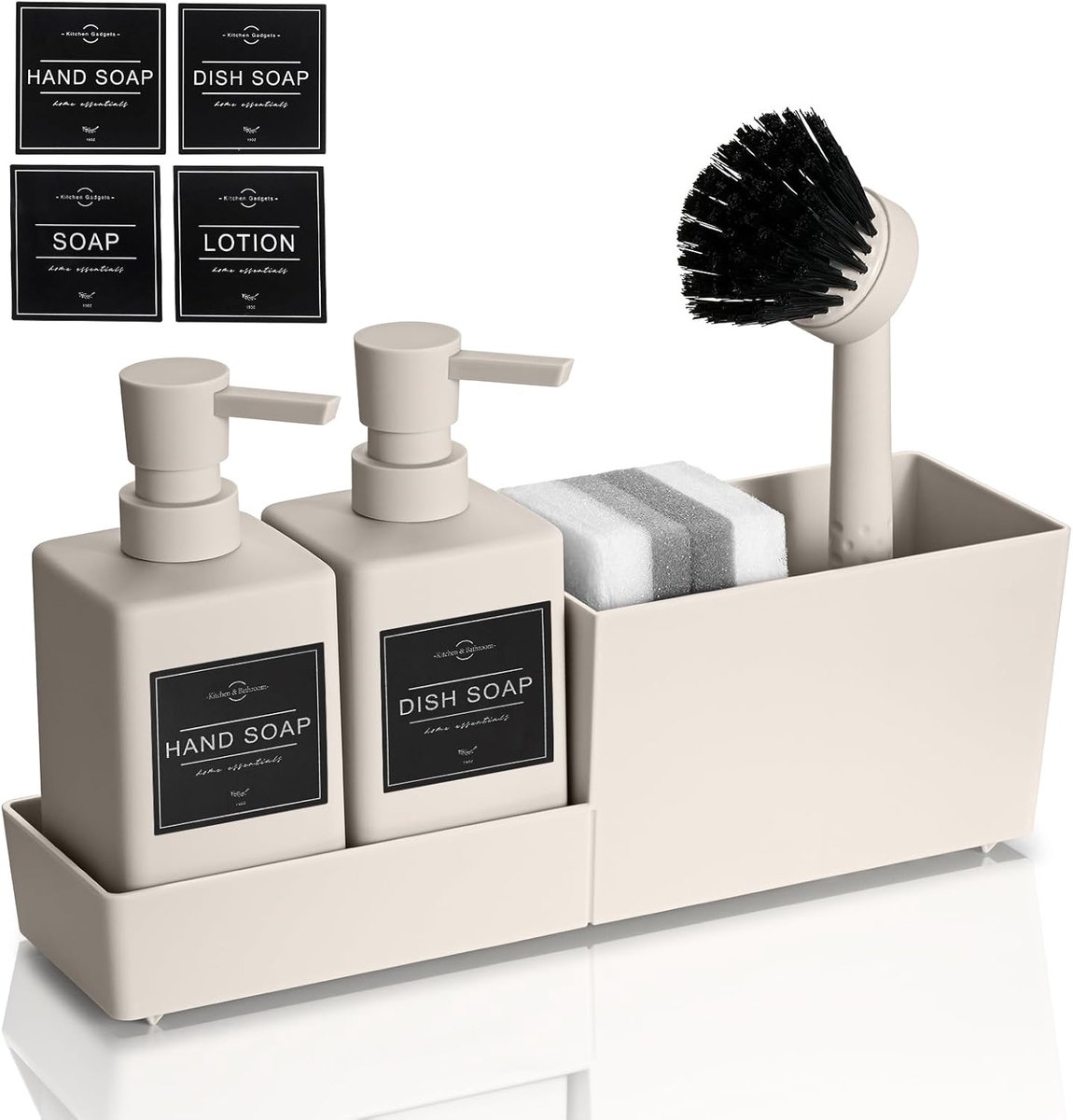 SnelShoppen - Afwasmiddeldispenser Keuken Set Beige - 2 Navulbare Zeepdispensers, Sponsjes, Borstel & Houder - Ruimtebesparend Gootsteen Organizer voo