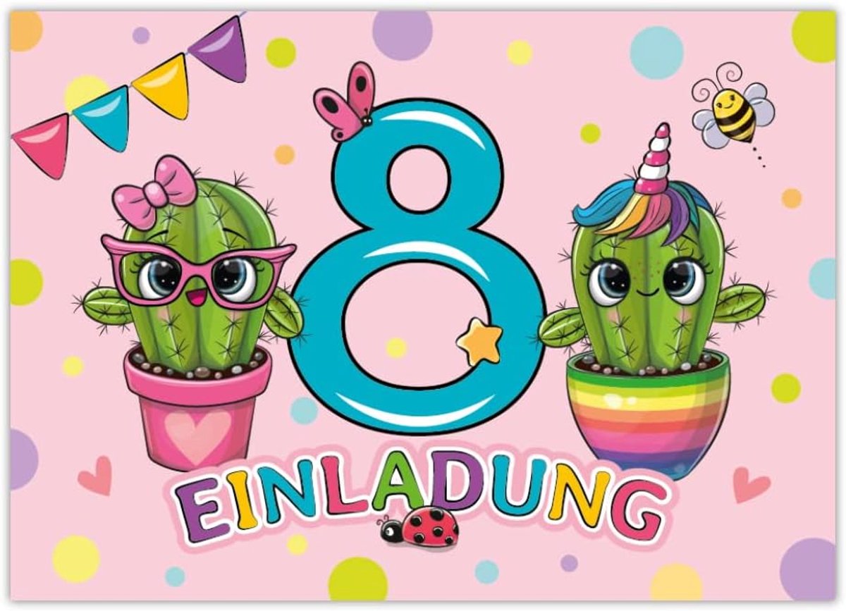 SnelShoppen - 12 Uitnodigingskaarten Cactus voor 8e Kinderverjaardag Meisje - A6 Formaat, Stabiliteit, UV-gelakt, Veel Ruimte om In te Vulllen - Perfe