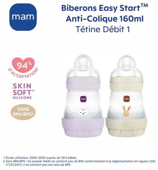 Set van 2 Babyflessen - MAM - Easy Start - Antikoliek - 160 ml - Flow 1 speen - Lila + Zand — afbeelding 5