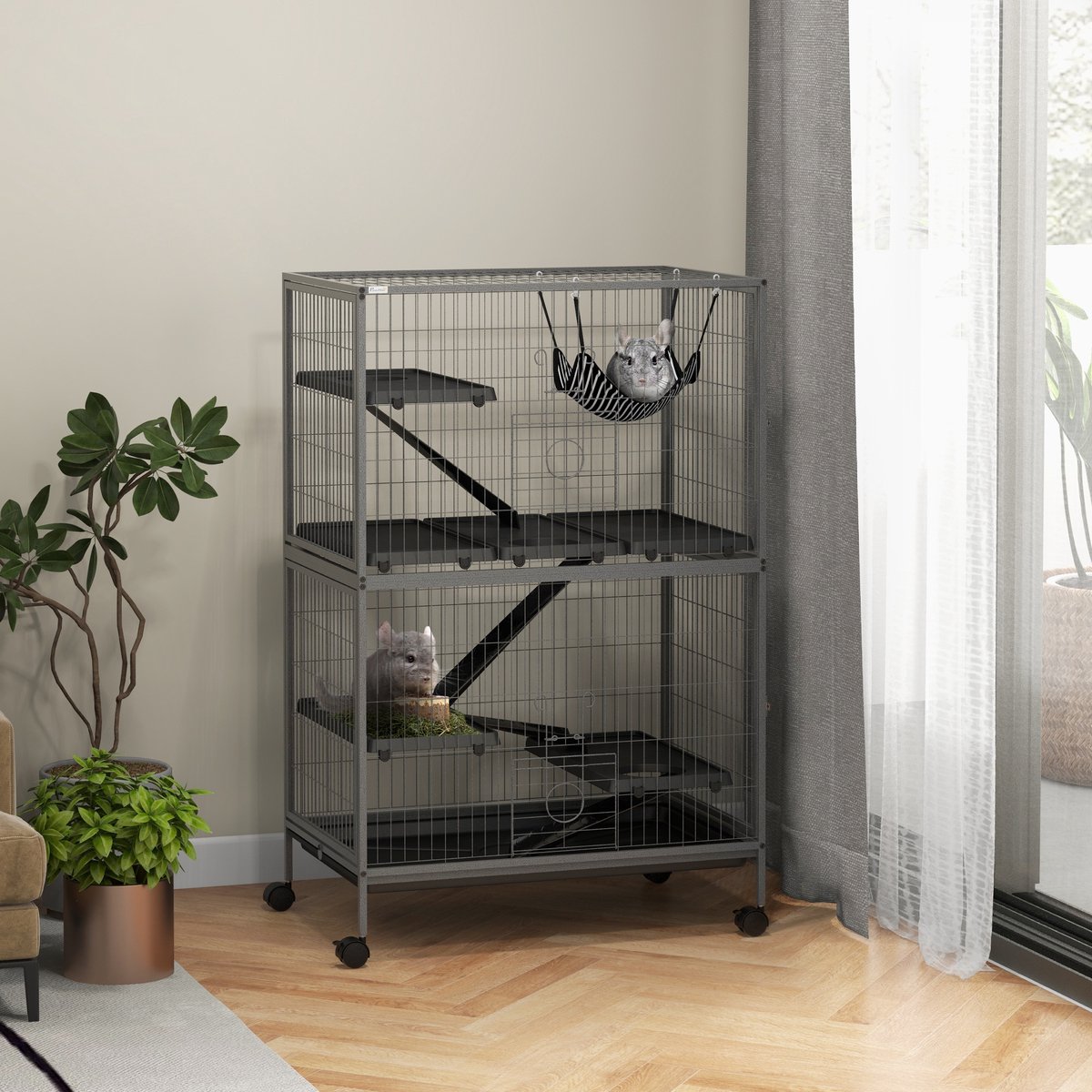 MIVRAY Kooi – Multifunctioneel Met 4 Etages En 4 Deuren – 80 x 52 x 128 cm – Staal – Grijs – Voor Knaagdieren Binnen Met Wielen