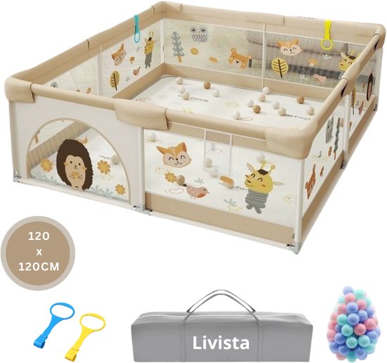 Livista Grondbox Baby - Binnenmaat 120x120cm - Met 60 Speelballen, 2 Trekringen - Kinderbox - Speelbox - Playpen - Met Draagtas - Beige