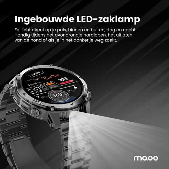 Grijze smartwatch met metalen band, met ingeschakelde LED zaklamp. Het scherm toont 'Ingebouwde LED-zaklamp'.