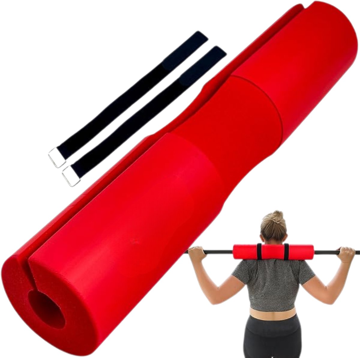 Verte Barbell Pad - Halterstangkussen met Nekbescherming – Halterstangkussen voor Hip Thrust en Squats met 2 Lussen – EVA-Halterstangkussen voor Krachttraining – Fitness – Rood