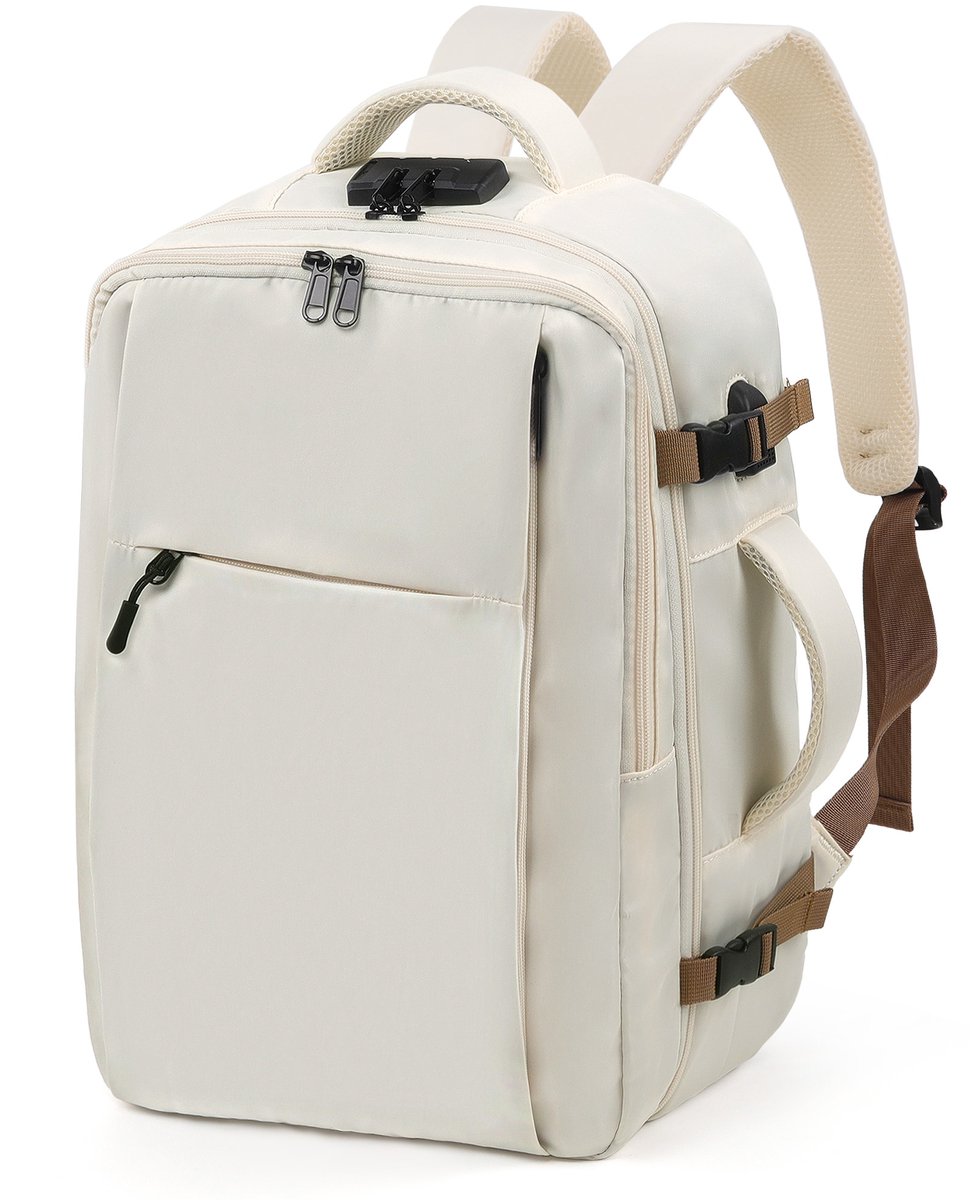 TANTOMI - Handbagage Rugzak - 31L - 47x33x20 cm - Spatwaterdicht - Underseater - 14 inch Laptopvak - met USB-poort en geïntegreerd antidiefstal cijferslot - Reistas voor Dames & Heren - Weekendtas - Crèmewit