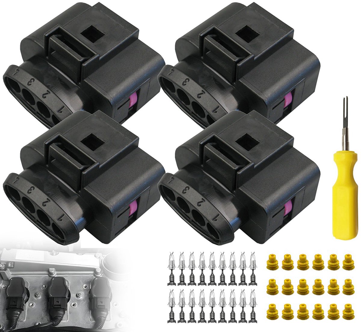 Aansluitkabelboom voor bobine van Volkswagen en Audi - 4-pins connector - Pinuitwerper - 4-pack - Model: 4B0973724
