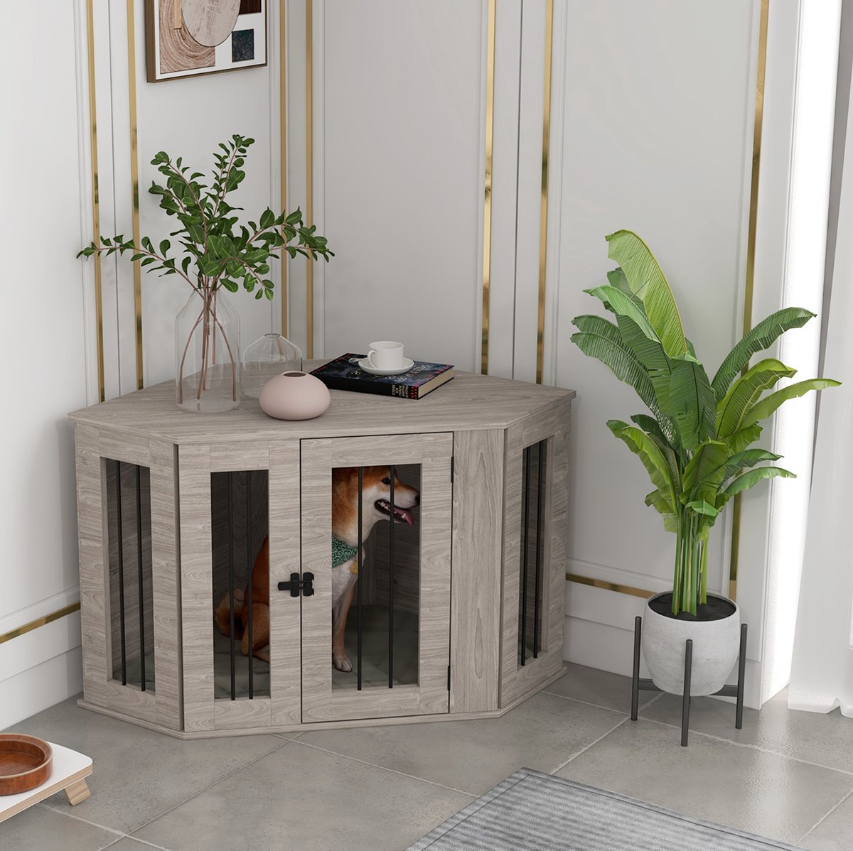 DESMIU Hondenbench – 104x55x63 cm – Met Grendel En Vrij Zicht – Hout – Walnoot – Voor Middelgrote Honden – Met Kussen