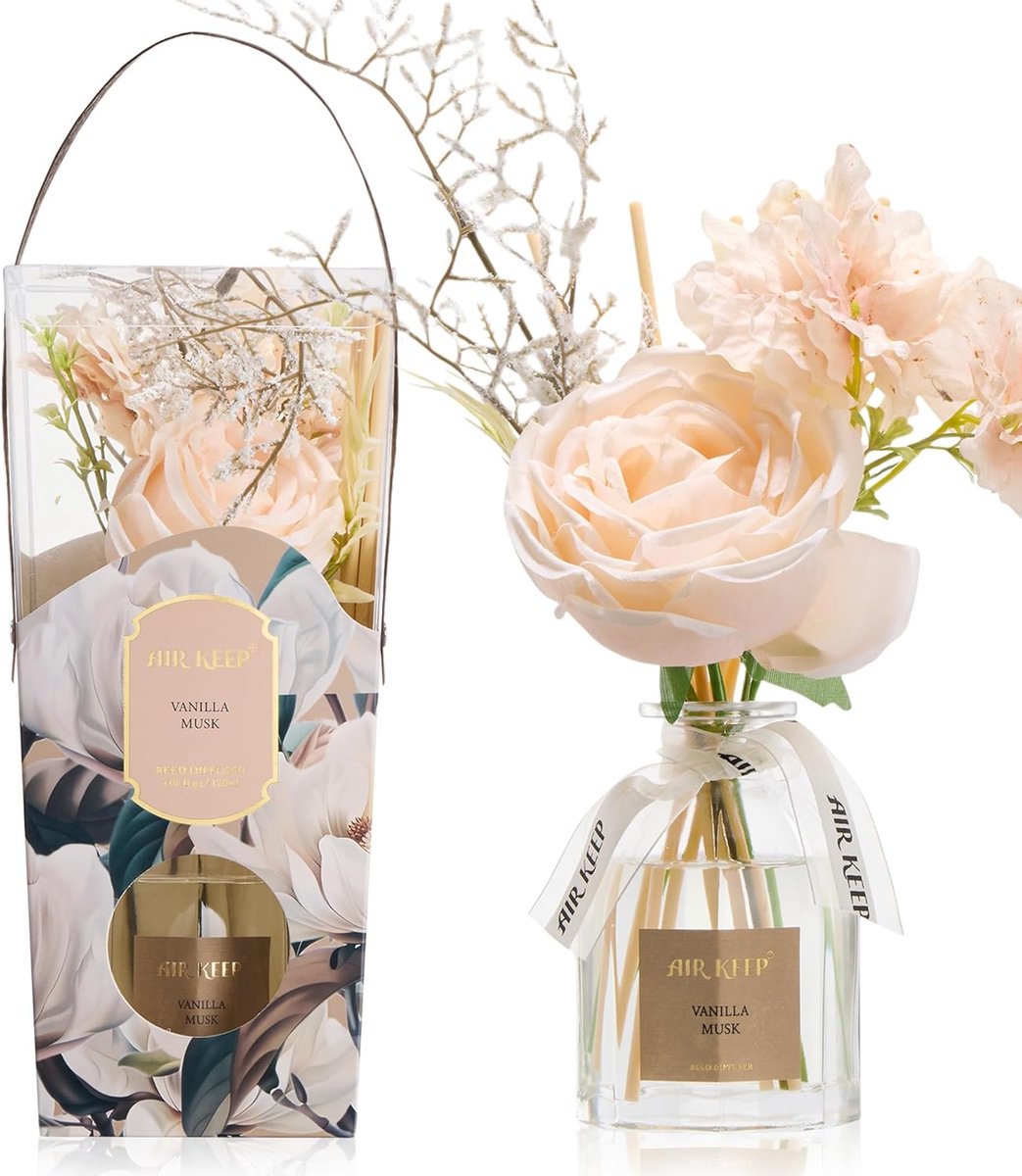 SnelShoppen - Fragrance Sticks Diffuser 120ml - Vanille Musk - Decoratieve Geurstokjes met Bloemen - Stijlvolle Woondecoratie - Perfect Cadeau voor Vr