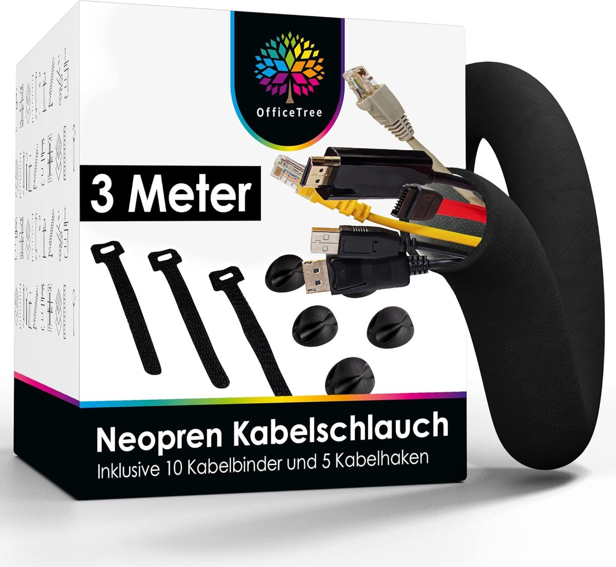 SnelShoppen - Neopreen kabelhoes 3 m - Kabelmanagement set met 10 herbruikbare kabelbinders en 5 zelfklevende kabelhouders - Ideaal voor gaming setup,