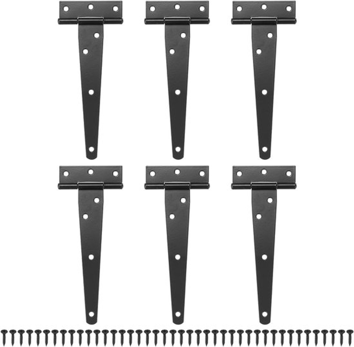 6 stuks - T-scharnier voor deur - met schroeven - 6 inch - schuurdeurscharnier - T-deurscharnier - T-scharnieren - T-scharnier - buitendeurscharnieren - voor houten schuttingen, schuren, kasten en ramen - zwart - 6,4*25 cm