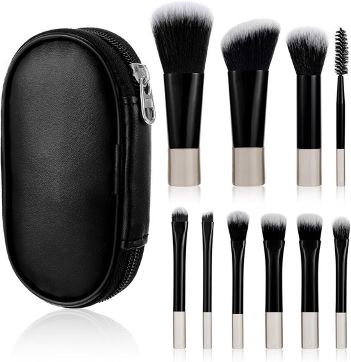 10-delige mini draagbare make-upkwastenset met zwarte stoffen tas voor oogschaduw, lippenstift, foundation en touch-up (zwart)