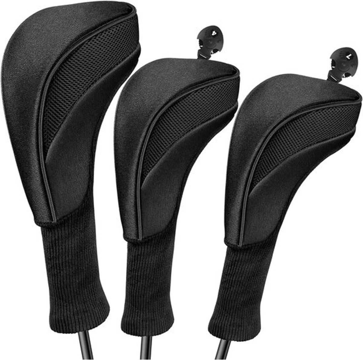Golfclubhoesjes, geschikt voor fairwaywoods, drivers en hybride clubs, 3-delige set lange mesh golfclubhoesjes met verwisselbare nummerlabels 3 4 5 6 7 X, zwart.