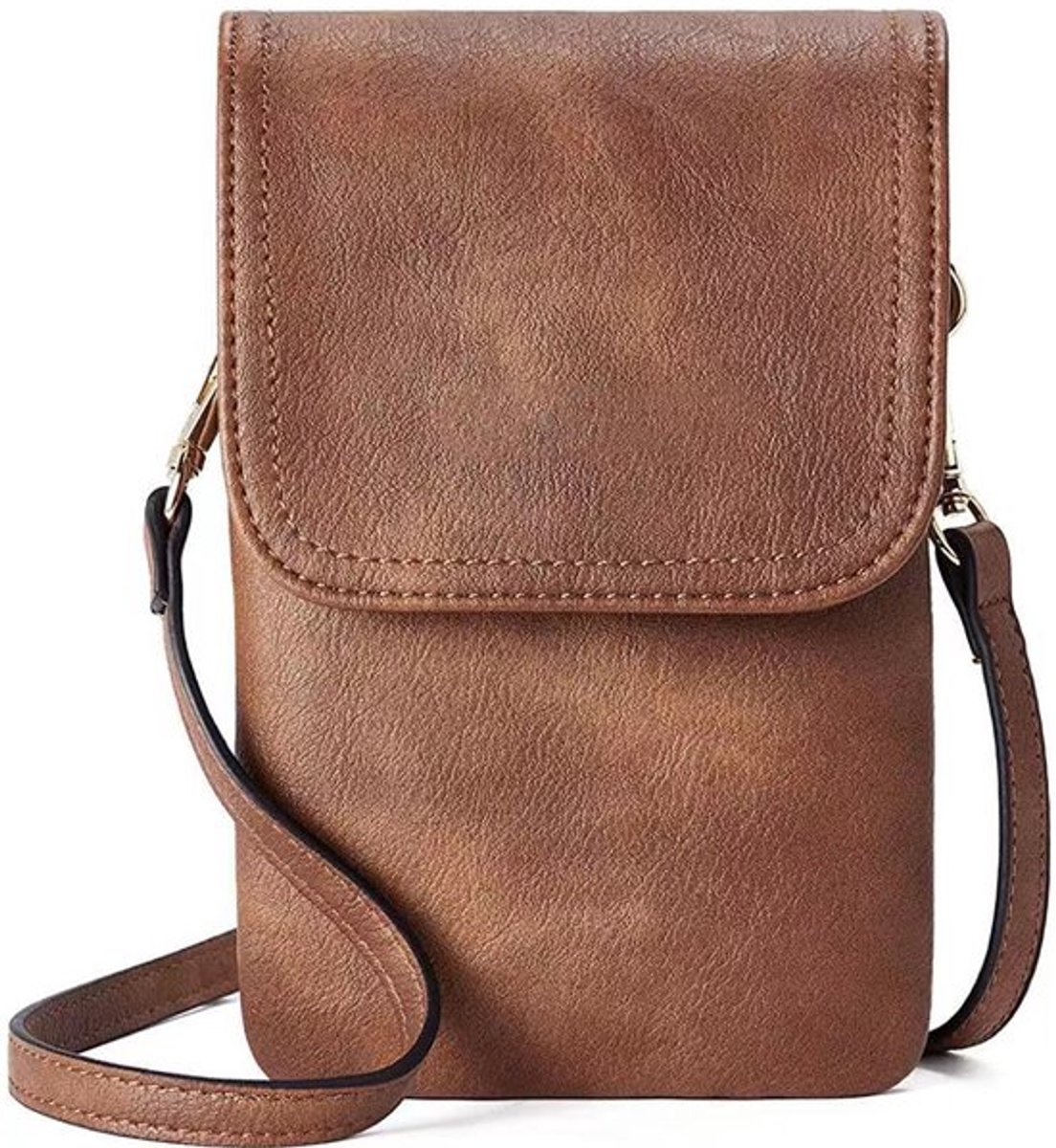 Kleine crossbodytassen voor dames, tas voor mobiele telefoon, tas van PU-leer voor dames, modieuze effen portemonnee met verstelbare schouderband, bruin