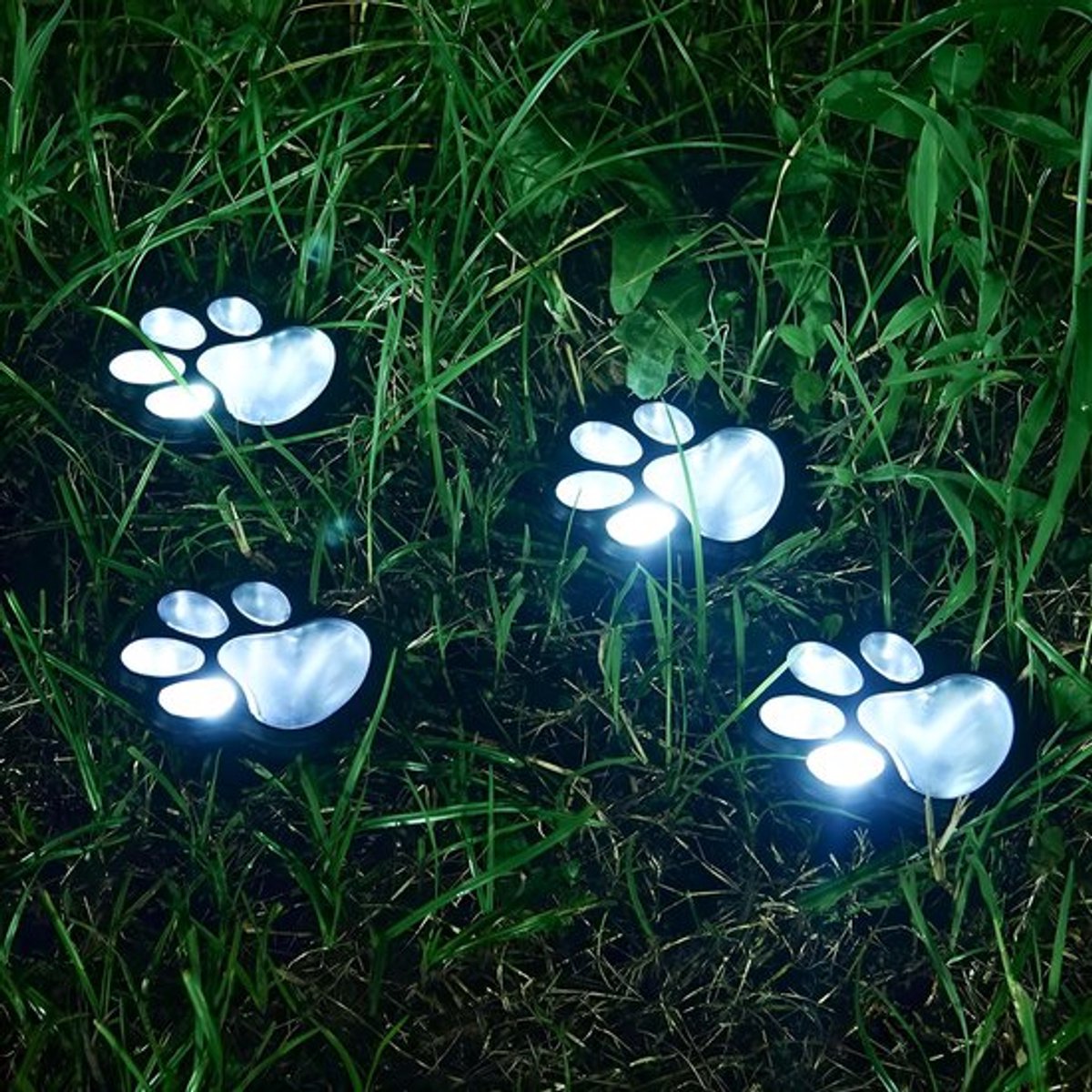 Op zonne-energie werkende kattenpootlampjes – Decoratieve tuinverlichting – Binnenplaatslampen – Set van 4 – Ideaal voor het decoreren van binnenplaatsen, gazons, paden en terrassen – Een topkeuze voor dierenliefhebbers – Wit licht