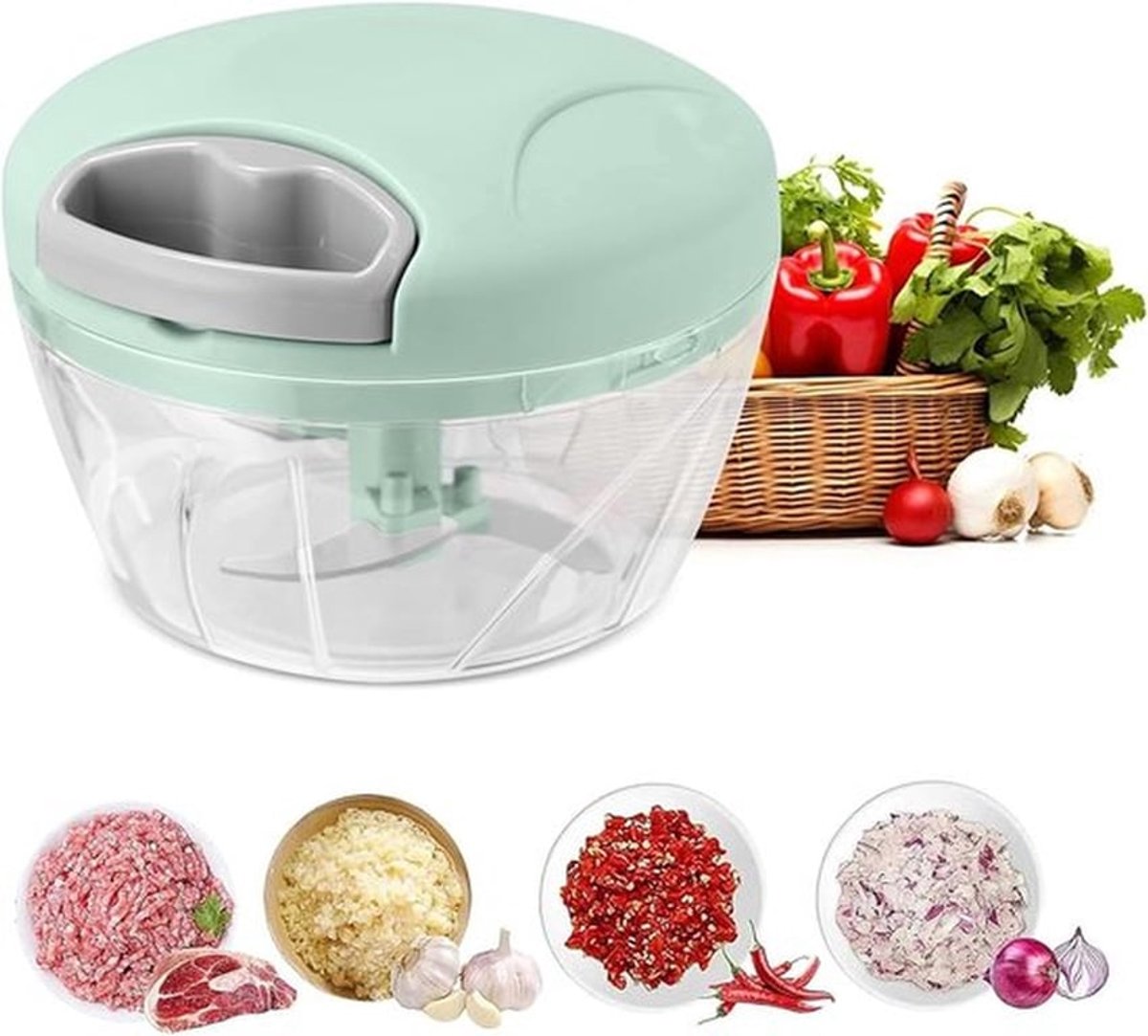 Uienhakker, groentehakker, keukenmachine, groentehakker met deksel (500 ml), BPA-vrij, gemakkelijk schoon te maken, inclusief 3 roestvrijstalen messen.