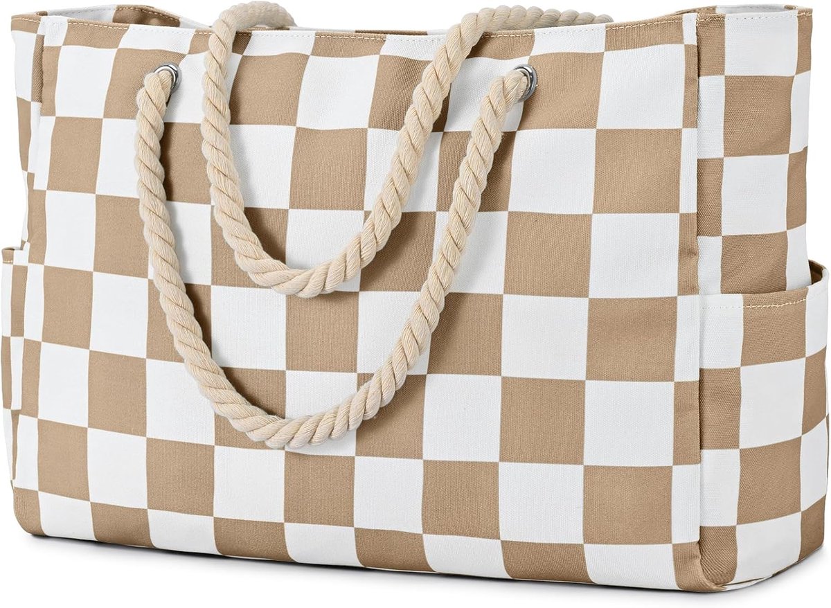 Thijox - XXL Strandtas Dames met Ritssluiting, Waterdichte Shopper Boodschappentas, Opvouwbare Badtas, Familie Tas met Ruitpatroon en Jute Schouderrie