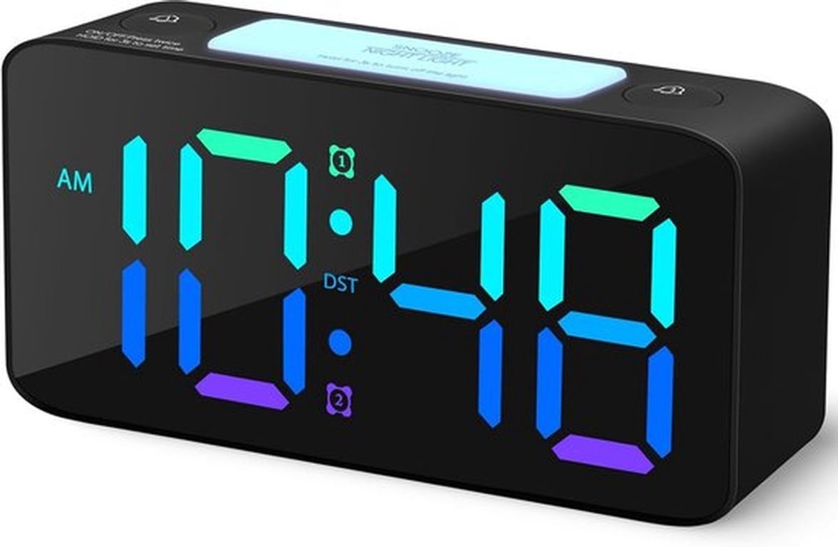 Wekker - Digitale klok met 7-kleurig nachtlampje - Verstelbaar volume, oplaadbaar via USB, compact en draagbaar - Perfect voor op een nachtkastje in de slaapkamer - Ook geschikt voor kinderen en tieners (Zwart + RGB)