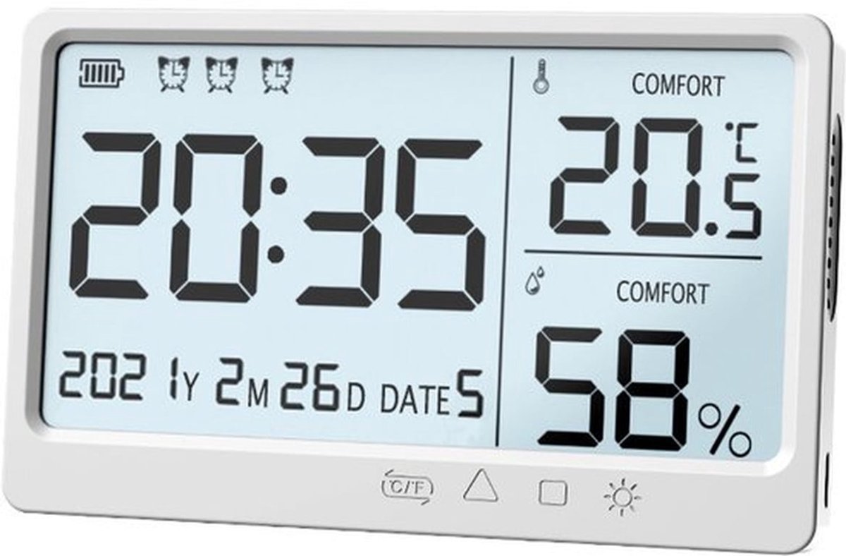 Slimme thermometer en hygrometer voor binnen - USB-oplaadbaar, zeer nauwkeurig digitaal display - Kalender en alarm - Psychrometer voor wandmontage - Wit