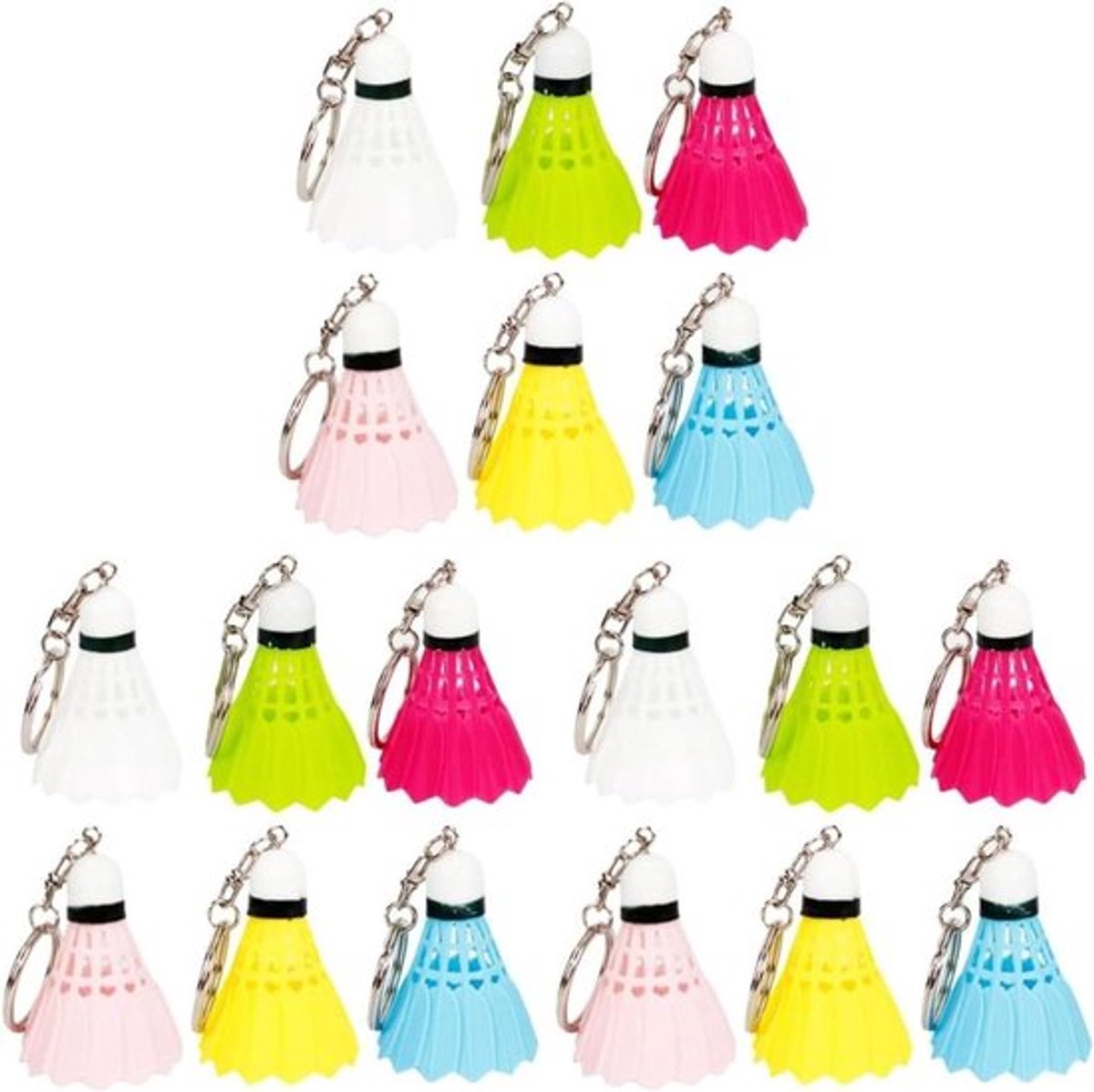 Kleurrijke mini badminton sleutelhangers - 18 stuks - bal sleutelhanger - geel wit rood blauw groen roze - 6 kleuren .